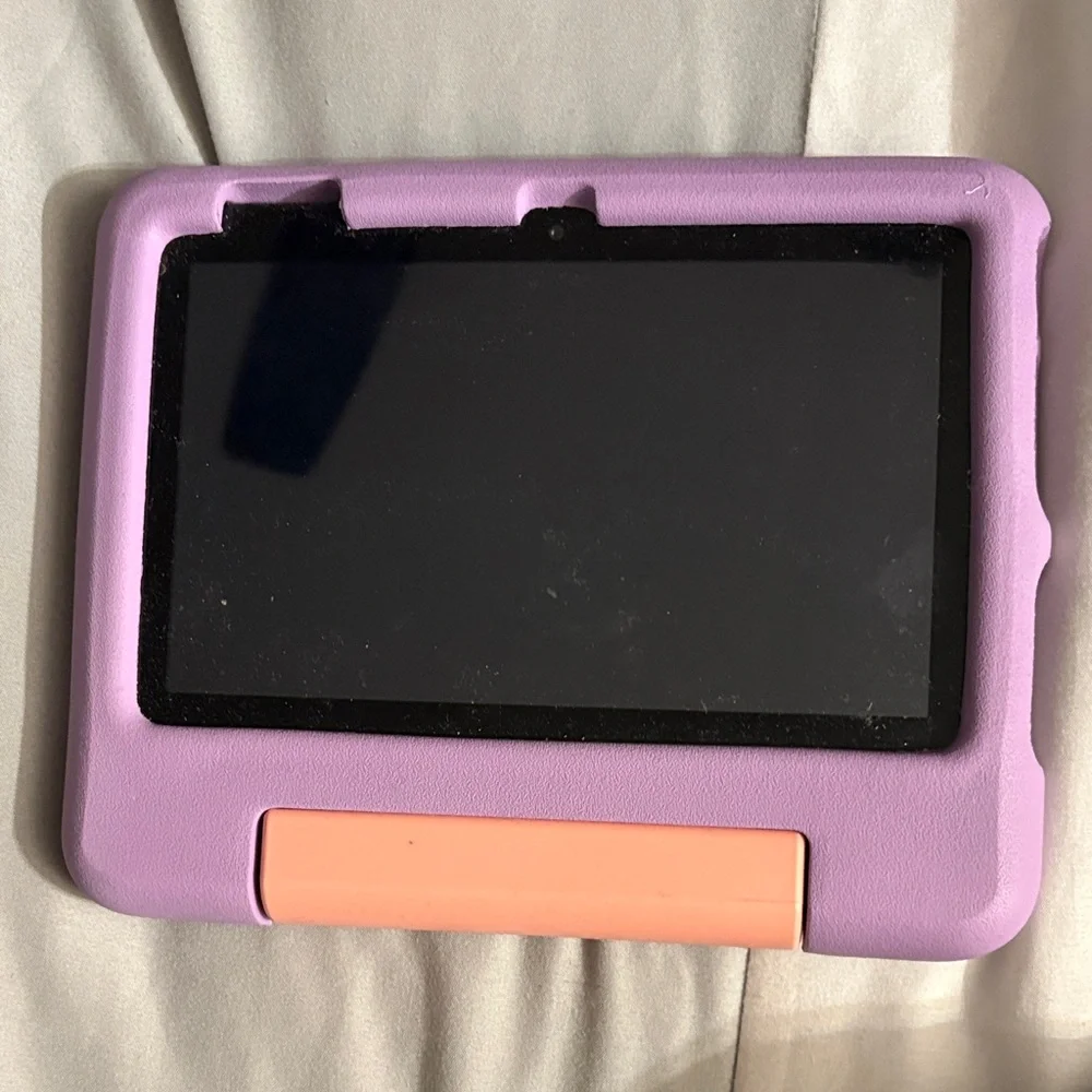 Child-Friendly Purple Tablet Case with Peach Stand